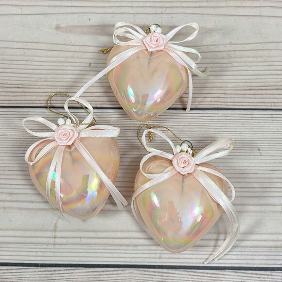 VTG Glass Heart Shaped Ornaments Lot of 3 Pink Iridescent Floral Bow Christmas - Picture 3 of 10